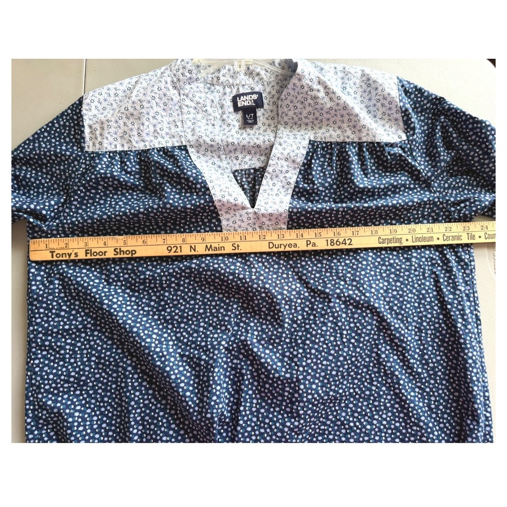 Lands End Womens Navy Blue Floral Cotton Popover Tunic Blouse Large Tall 14-16 - Picture 2 of 8